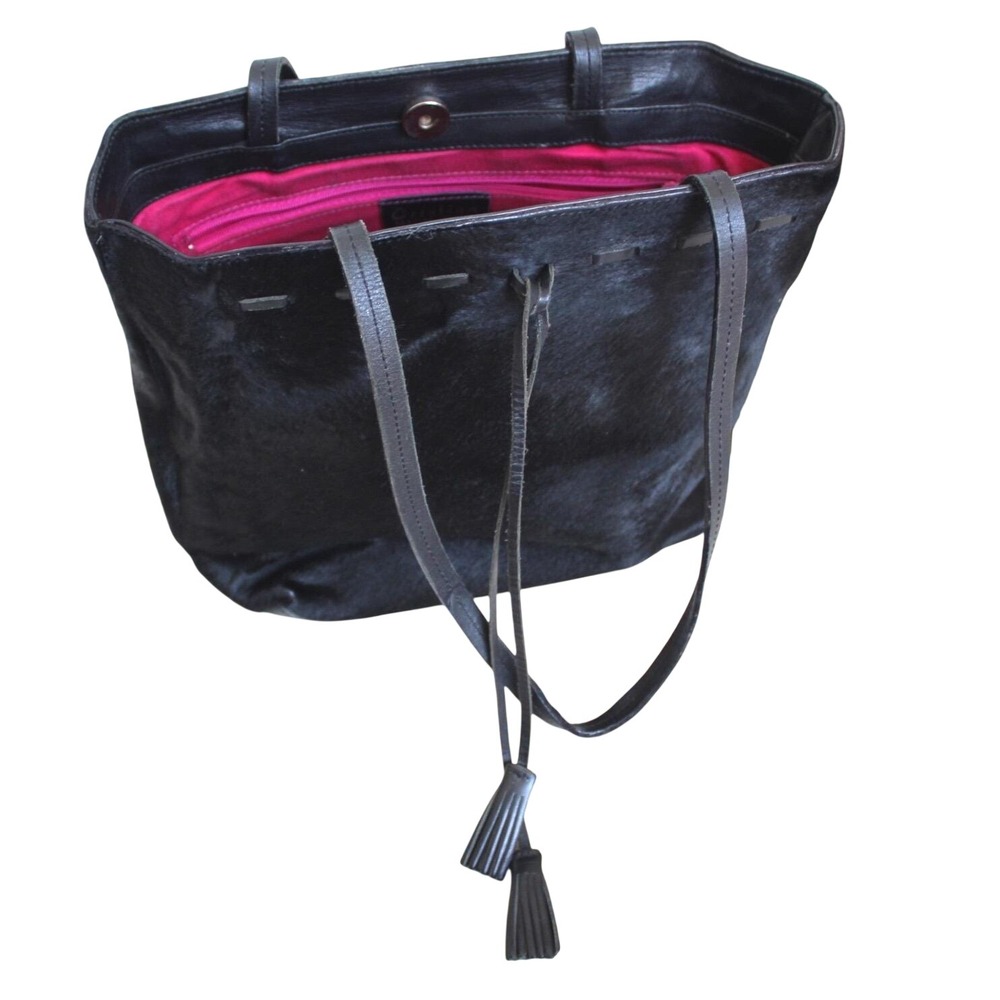 Cristian‎ Black Calf Hair Leather Tote Bag Made in Italy Tassel Hot Pink Lining
